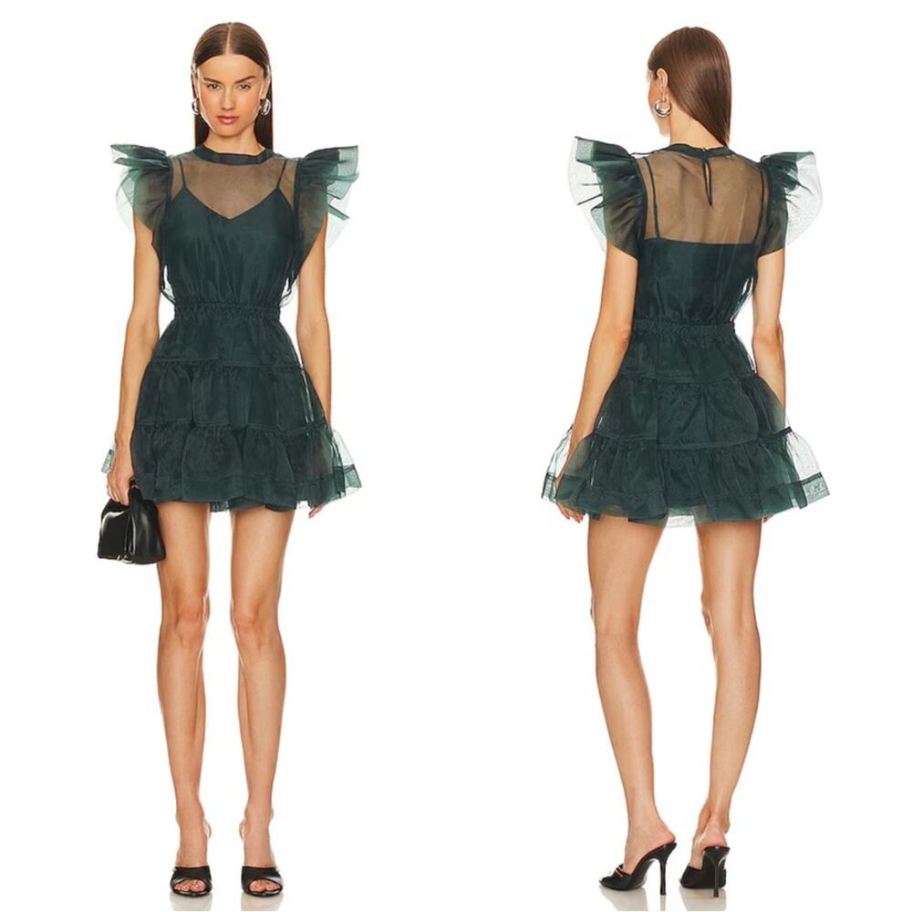 JONATHAN SIMKHAI Monique Ruffle Sheer Organza Tulle Tiered Green Mini Dress Sz 2